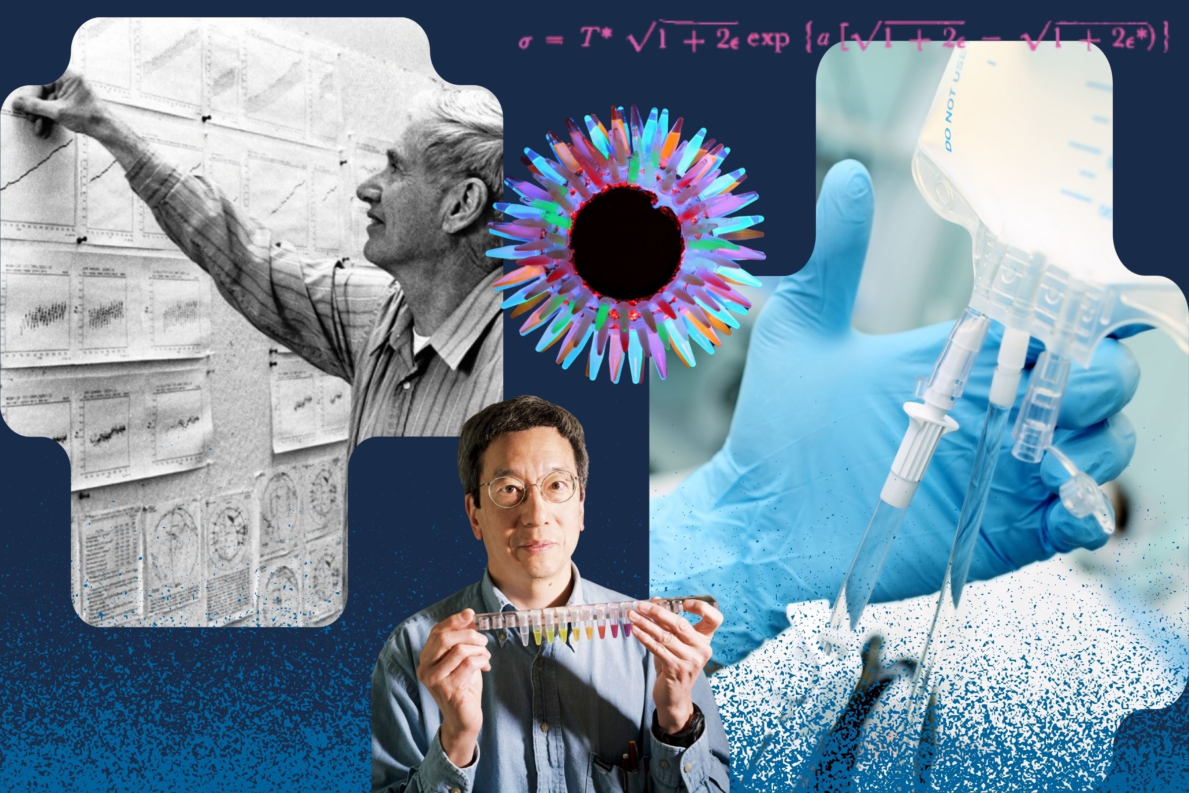 Composite image of Charles David Keeling, Roger Tsien holding GFP vials, Fung's Law equation and IV drip bag