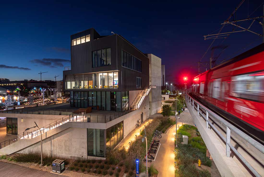 night shot of design lab building