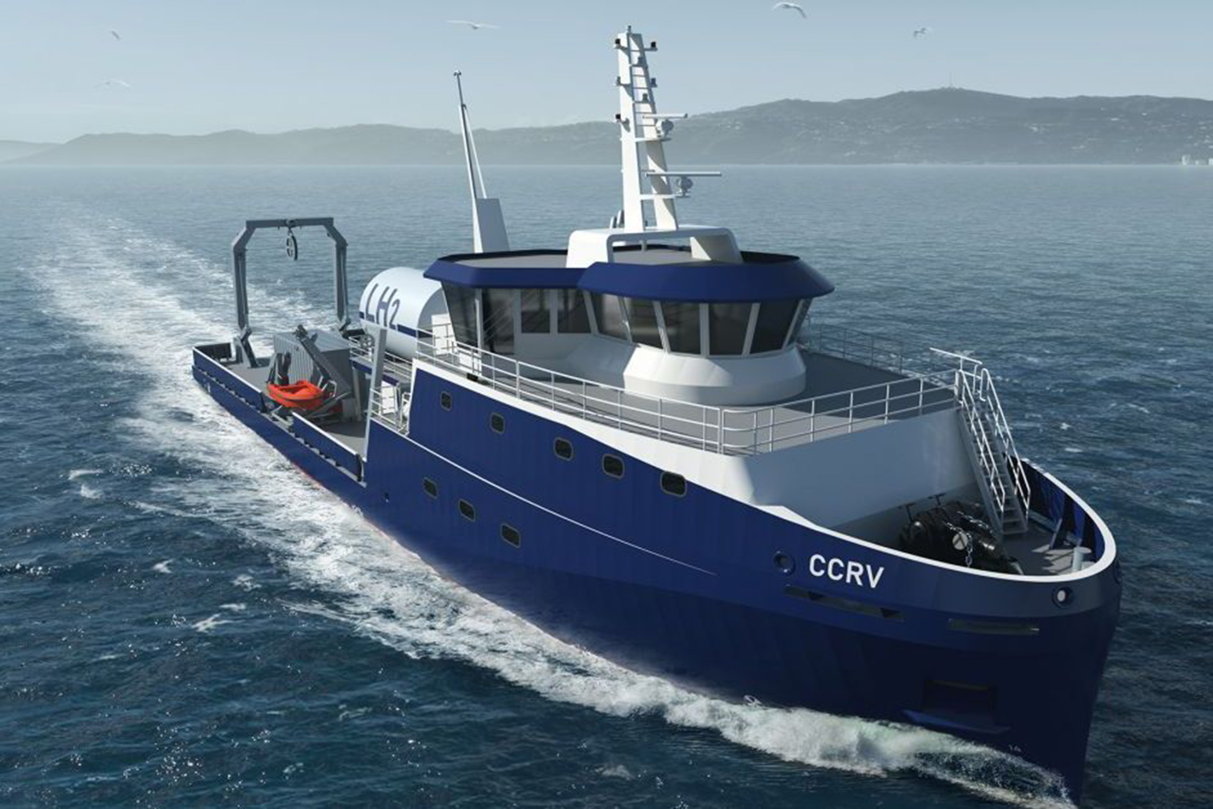 Rendering of hydrogen-hybrid research vessel in water