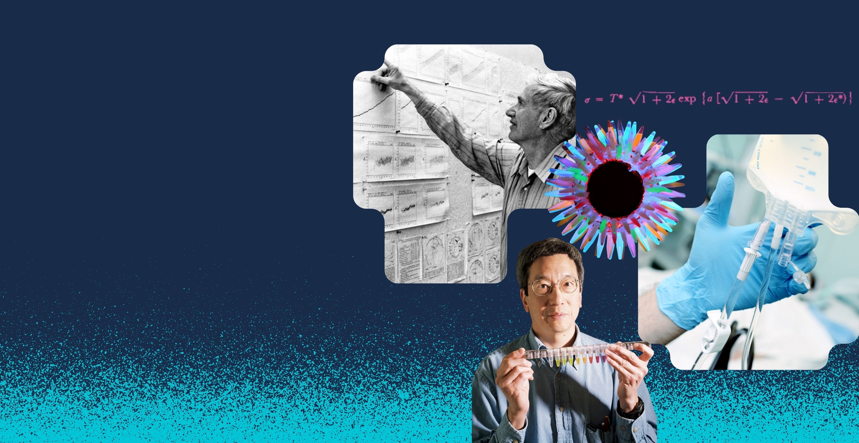 Collage of images showing Ralph David Keeling, Roger Tsien, Fung's Law equation and a gloved hand holding IV drip bag