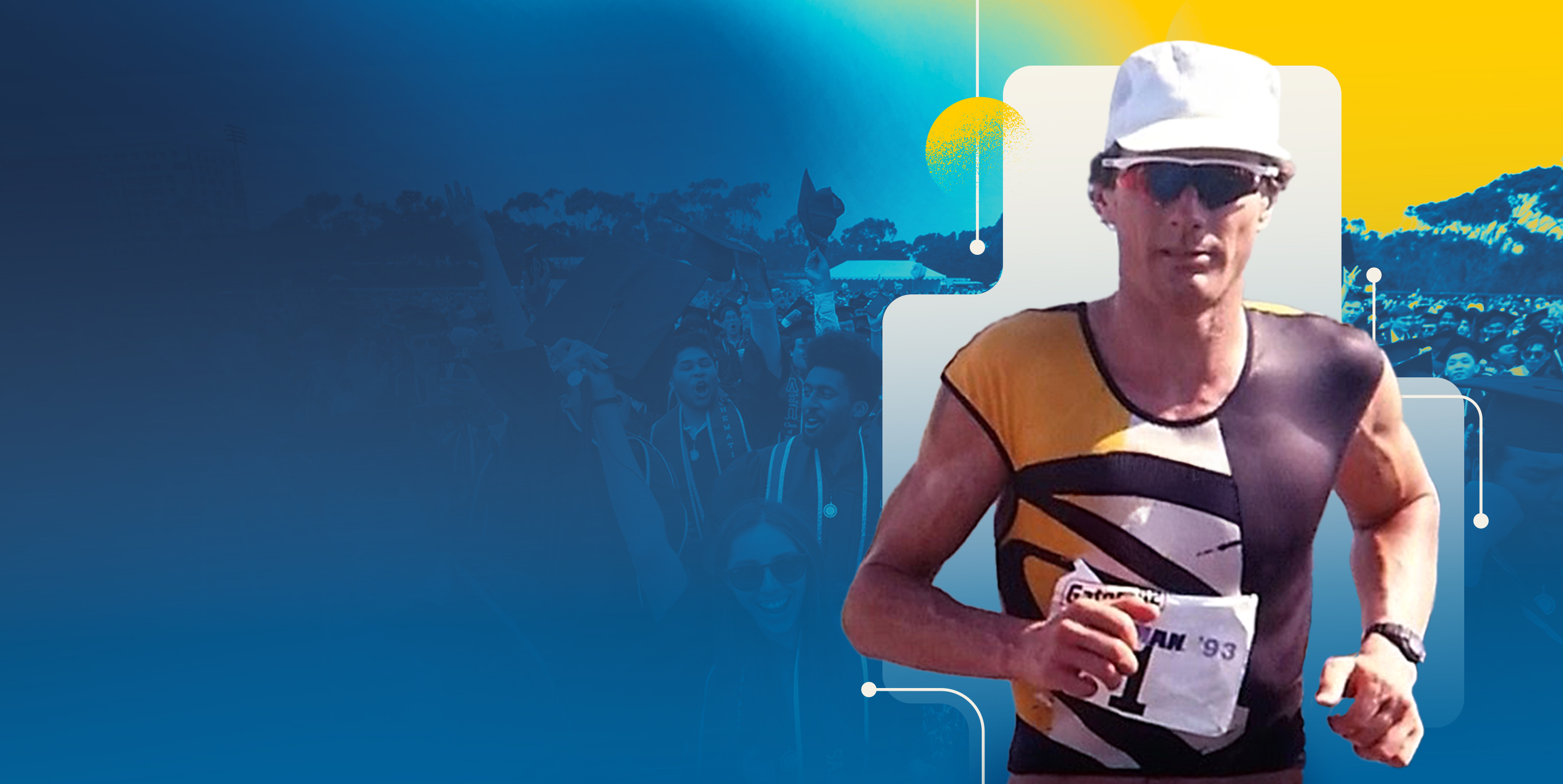Image of Mark Allen running against blue and yellow background
