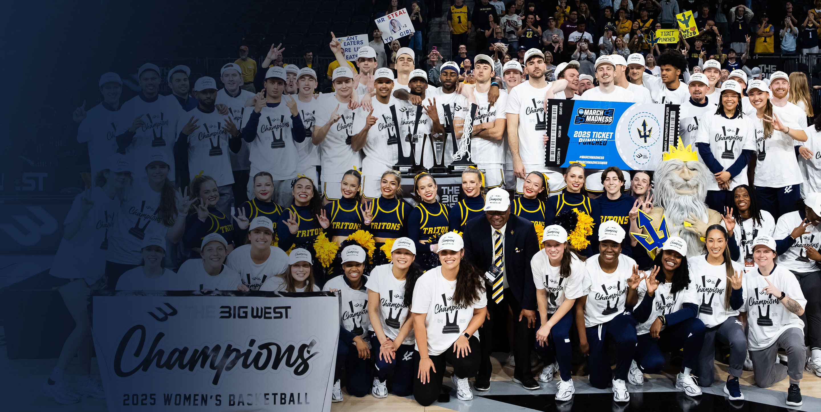 Men's and women's basketball teams pose with cheerleaders and King Triton